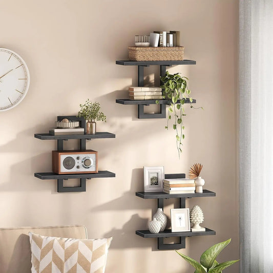 Floating Shelves, 15 Inch Wall Shelf Set of 3, Wall Mounted Storage Shelves 2-Tier, Hanging Bathroom Shelves, for Living Room