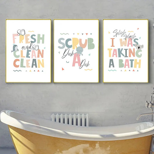 Playful Kids Bathroom Canvas Poster Print Colorful Words Wall Decorative Picture for Toilet Modern Cute Home Art Decor