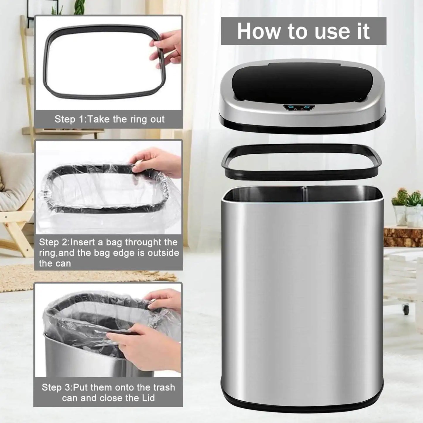Kitchen Trash Can with Lid, 13 Gallon Automatic Stainless Steel Garbage Can with Touch-Free & Motion Sensor