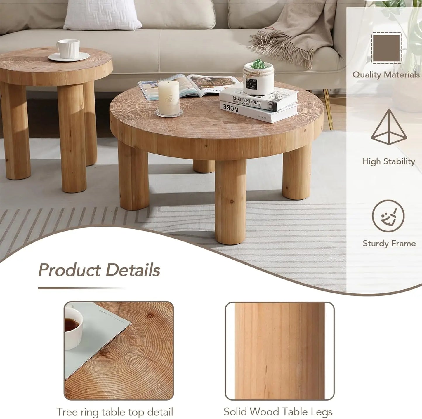 2-Piece Round Farmhouse Coffee Table, Rustic Coffee Table Sets, Circle Wooden Ring Finish with Solid Wood Legs,Center Tables Set