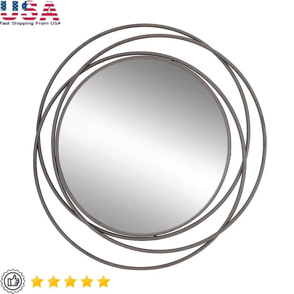 Gray Metal Wall Mirror Overlapping Rings Unique Design Reflective Glass Modern Home Decor Indoor Use Entryway Accent Piece