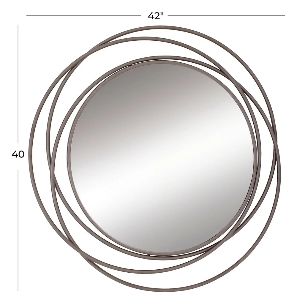 Gray Metal Wall Mirror Overlapping Rings Unique Design Reflective Glass Modern Home Decor Indoor Use Entryway Accent Piece