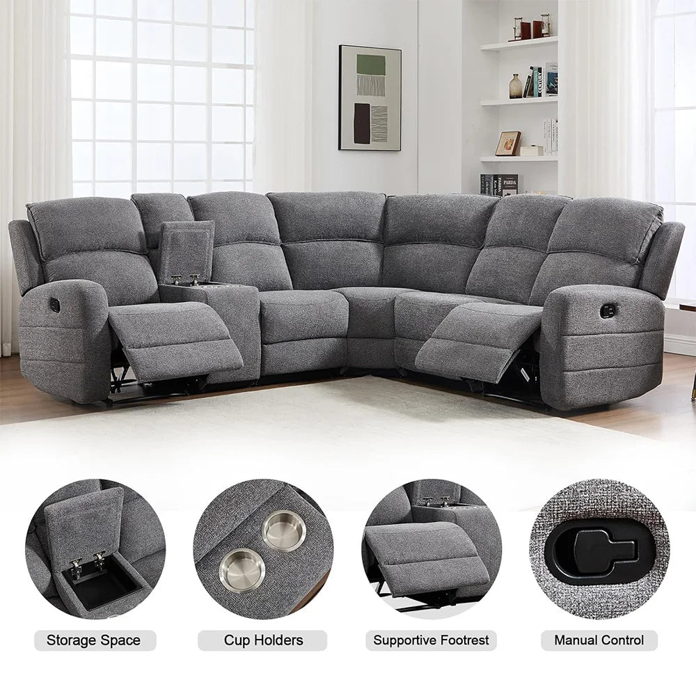 EBELLO Fabric L-Shaped Reclining Large Corner Sofa Sectional Sofa Couch for Living Room, with Padded Headrest, 2 Cup Holders