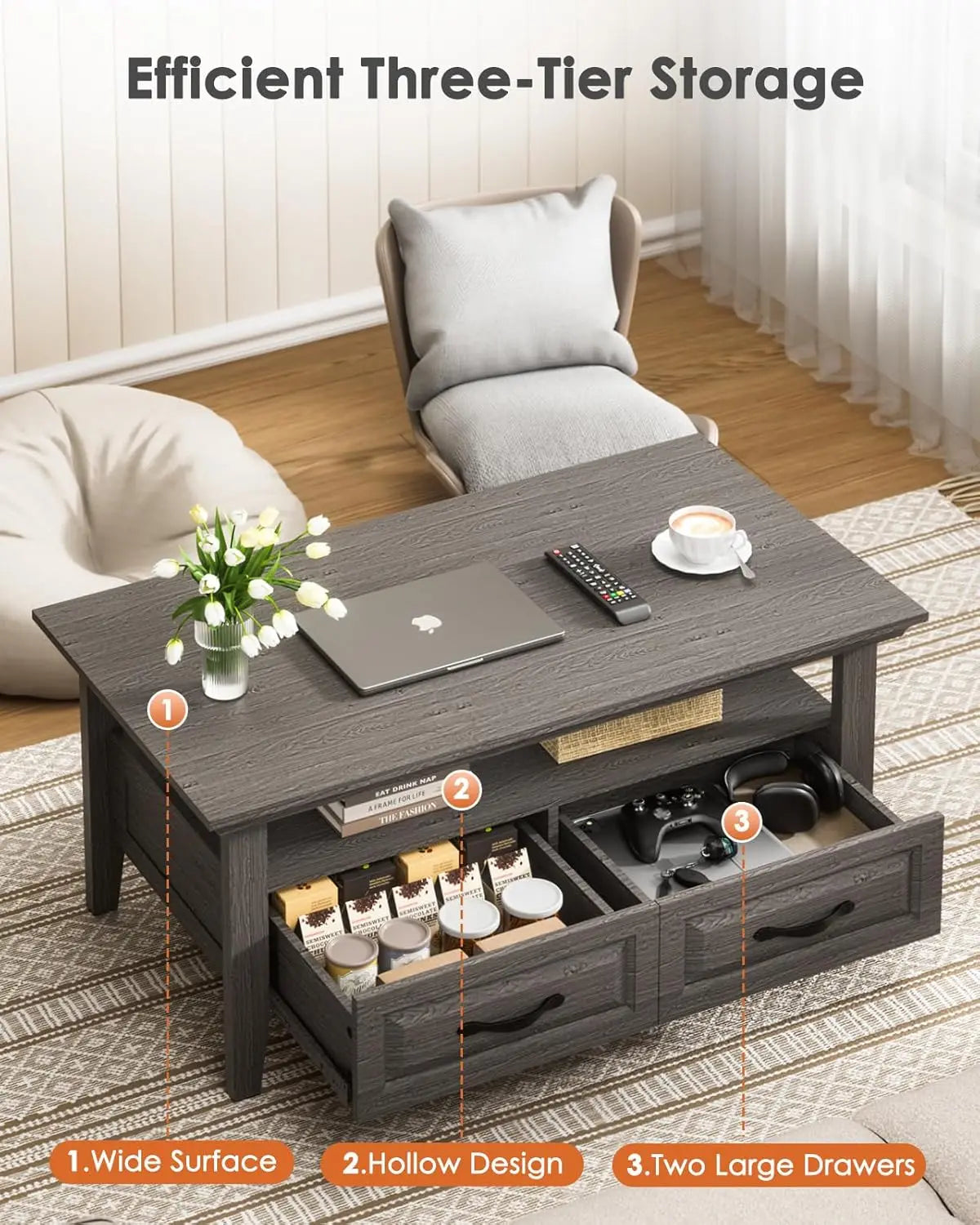 Coffee Table with Drawers, 39.4" Farmhouse Wood Coffee Table for Living Room, Featuring Open Display Shelf, Hidden Drawers, Grey