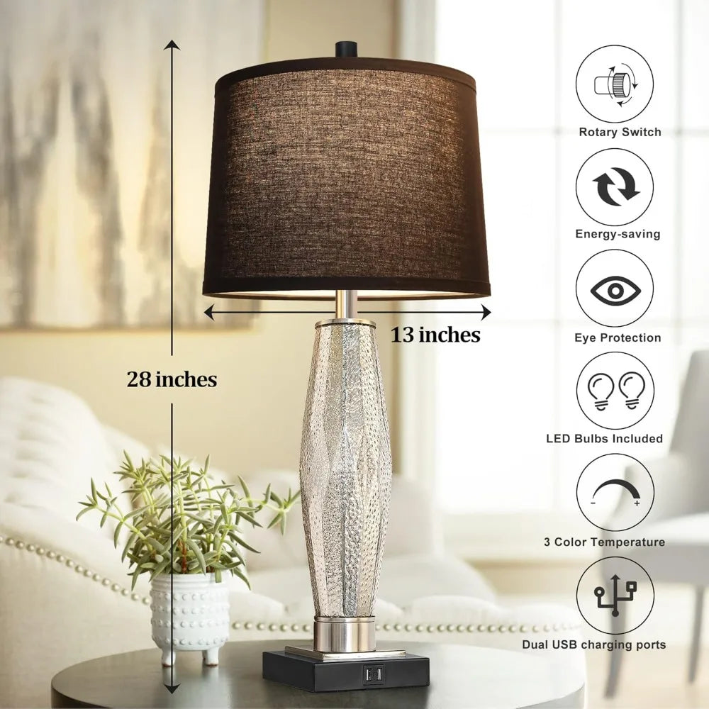 QiMH Table Lamps Set of 2, Bedroom Lamp with USB A+C Charging Ports, Modern Glass Beside Lamps for Living Room Rotary Switches,
