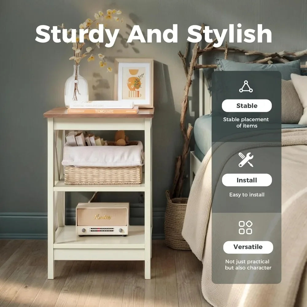 End Tables Living Room Set of 2, Farmhouse Small Side Table 3-Tier Modern Bed Side Table Nightstands for Bedroom, Ivory White