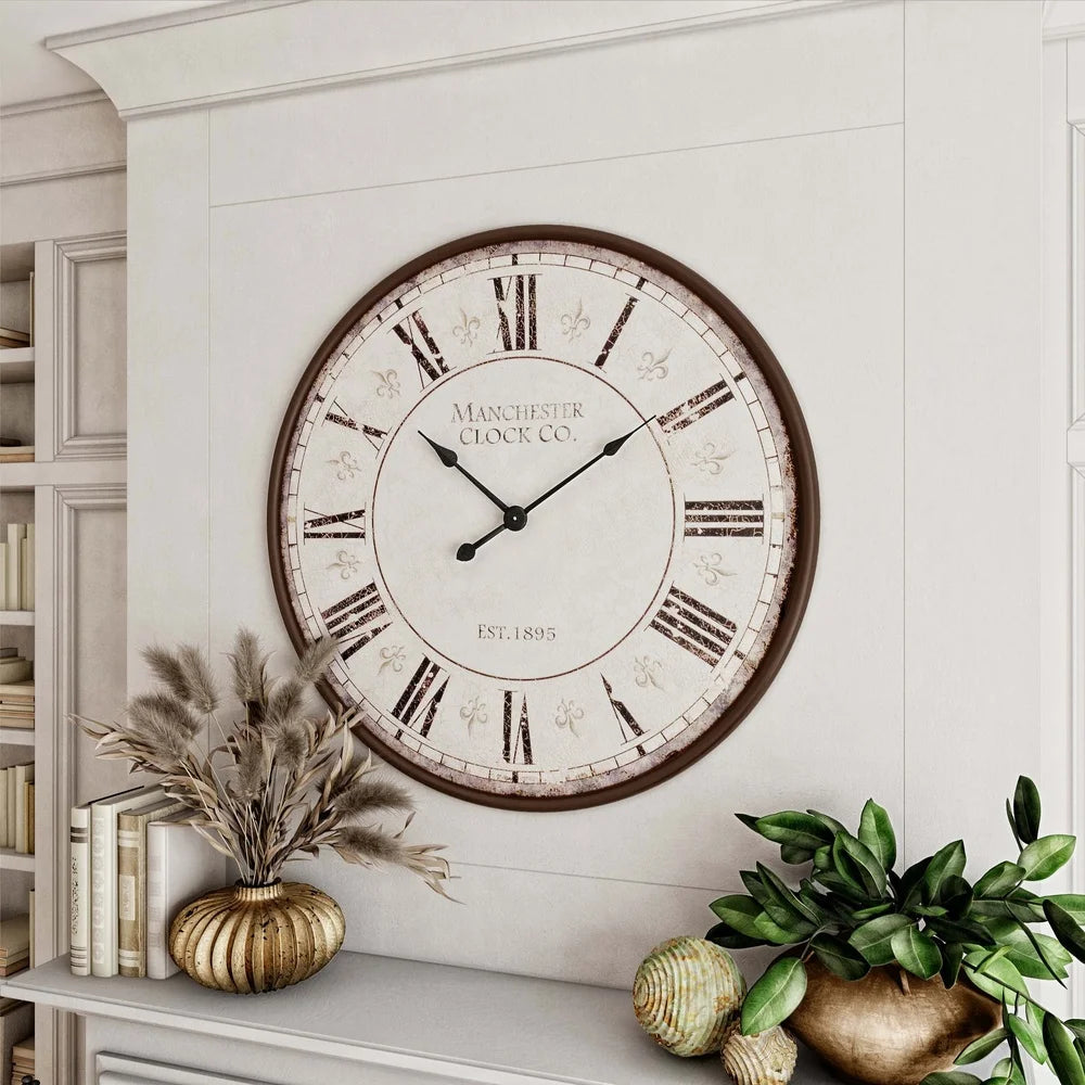 Large Round Wall Clock Dark Iron Frame Roman Numerals Fleur de Lis Design Analog Decor Perfect Living Room Home Accents 30 Inch