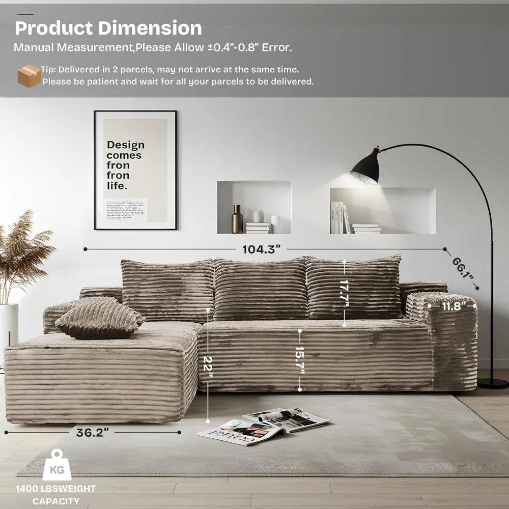 104" Modern Modular L-Shape Sofa Couch with Chaise Light Faux Rabbit Fur Cloud Sectional Couch with Deep Seat Modular