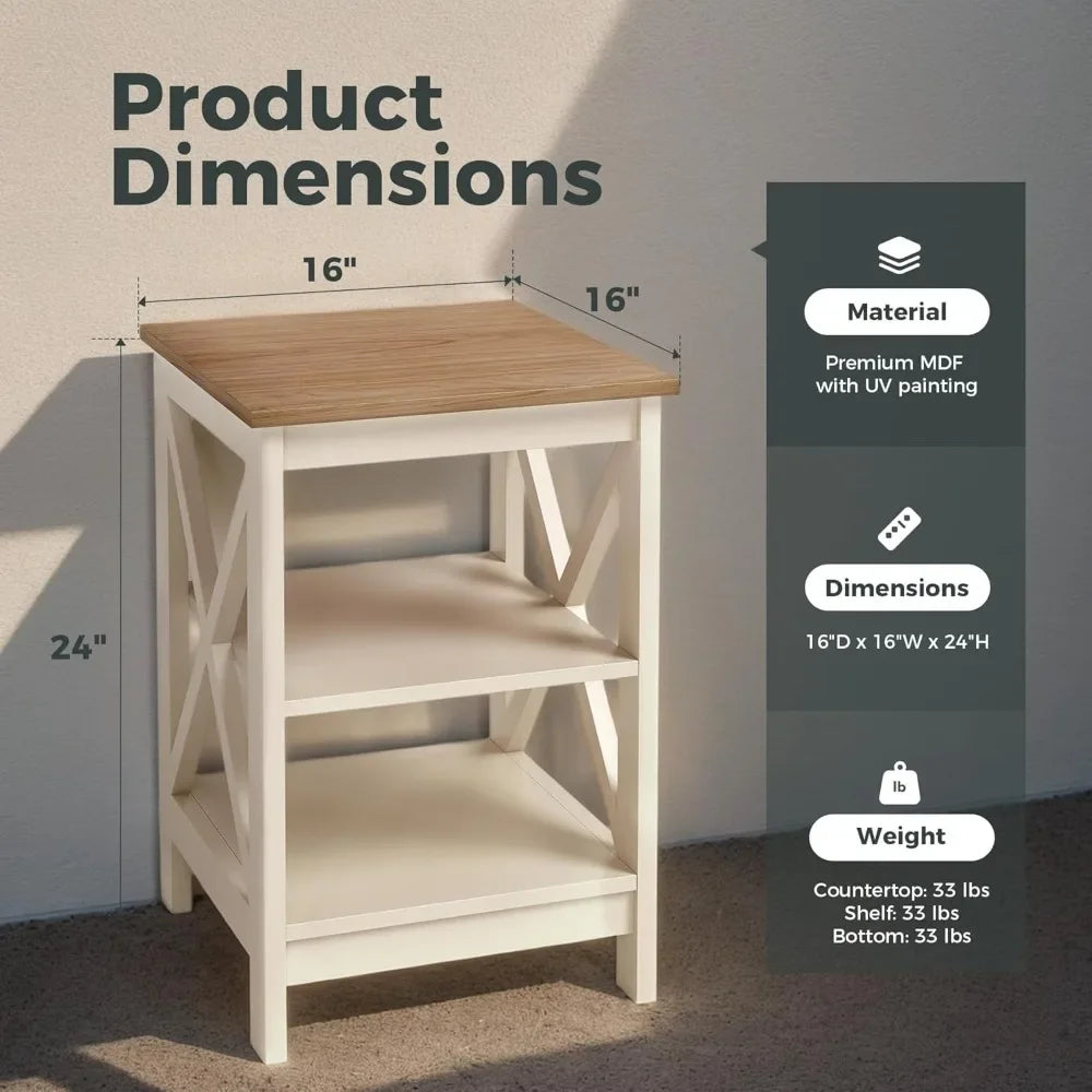 End Tables Living Room Set of 2, Farmhouse Small Side Table 3-Tier Modern Bed Side Table Nightstands for Bedroom, Ivory White