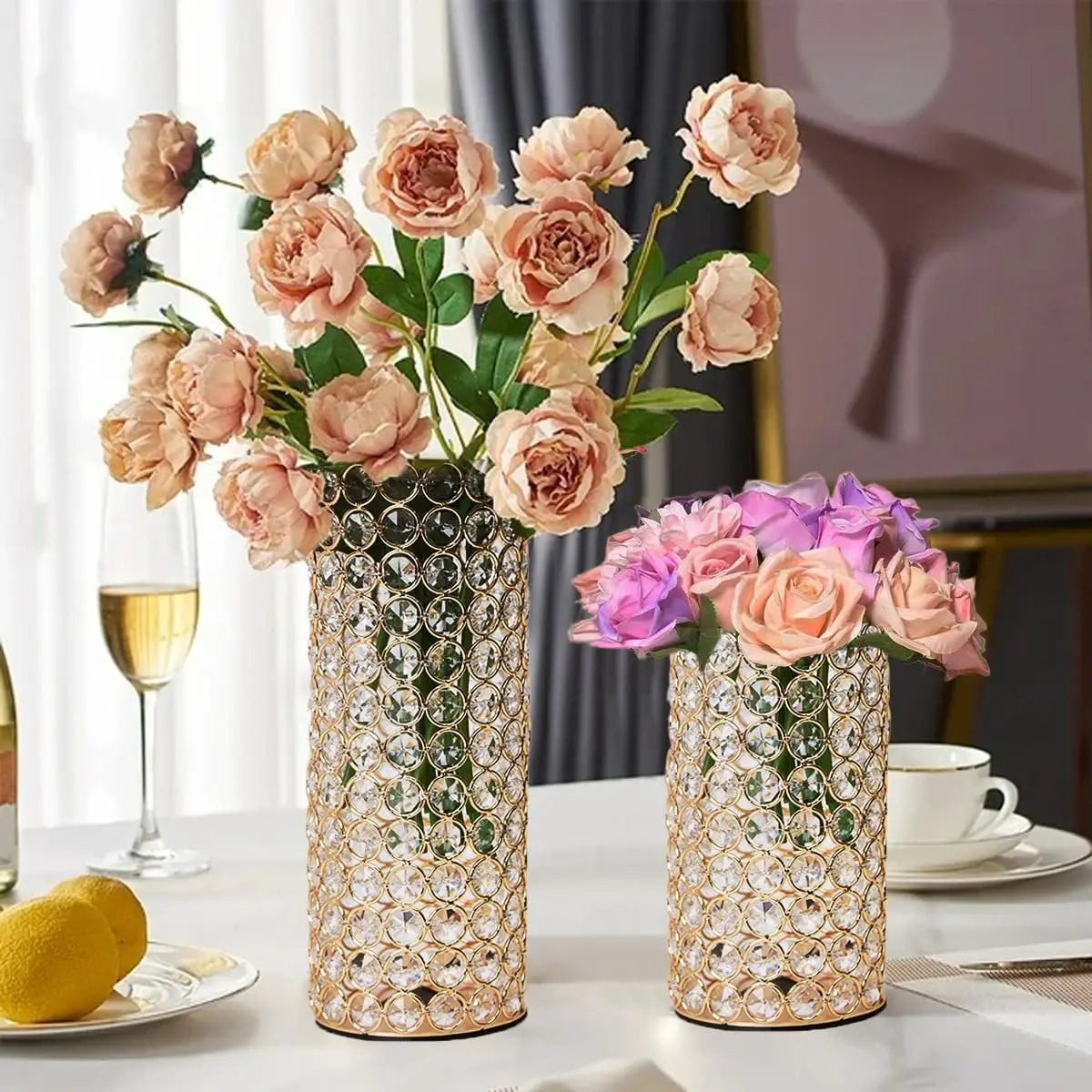 Gold Cylinder Crystal Candle Holders Hollow Flower Vase Centerpieces for Dinning Room Coffee Table Decoration Wedding