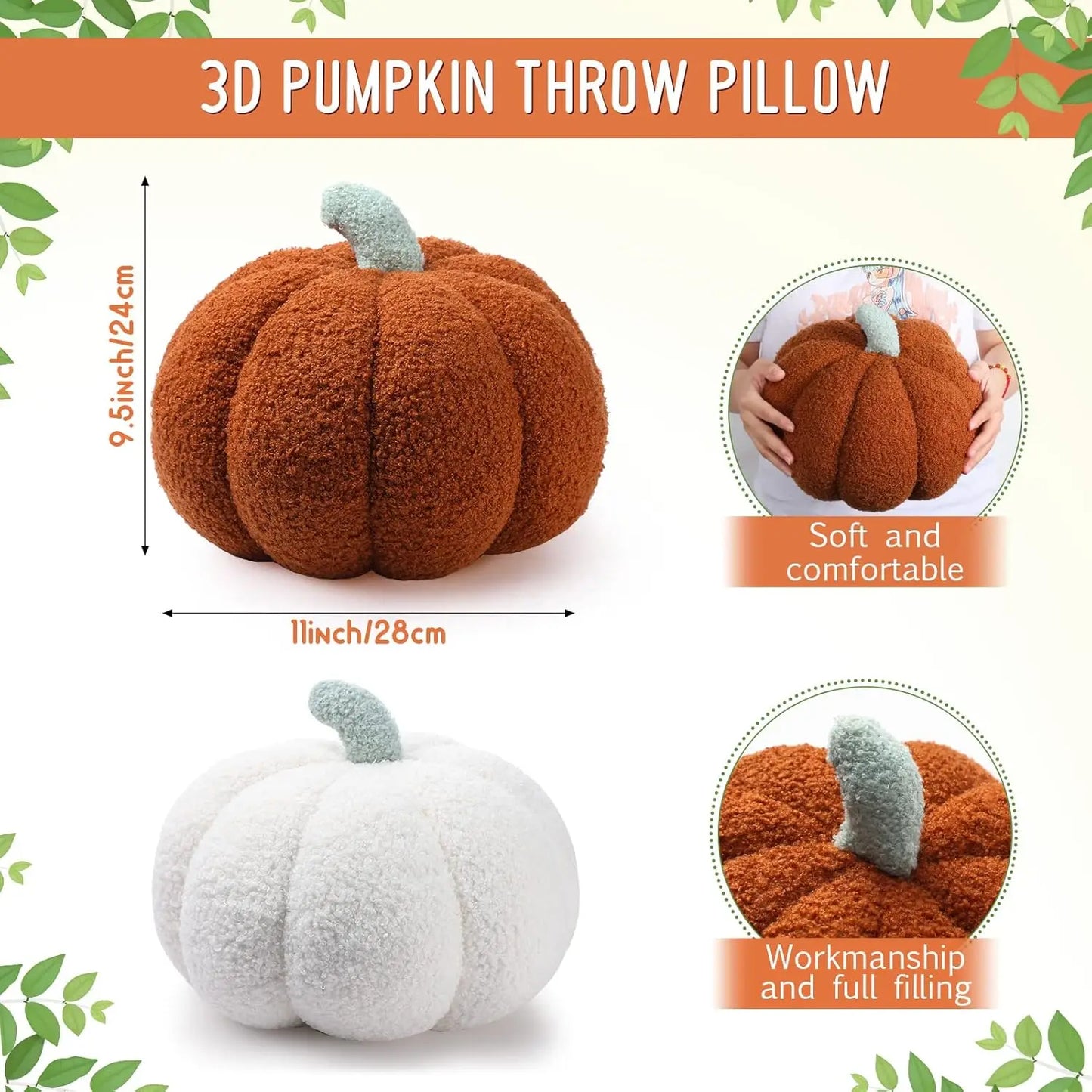 2-Pack 3D Plush Pumpkin Pillows – Fall Decor Cushions for Halloween, Thanksgiving & Christmas