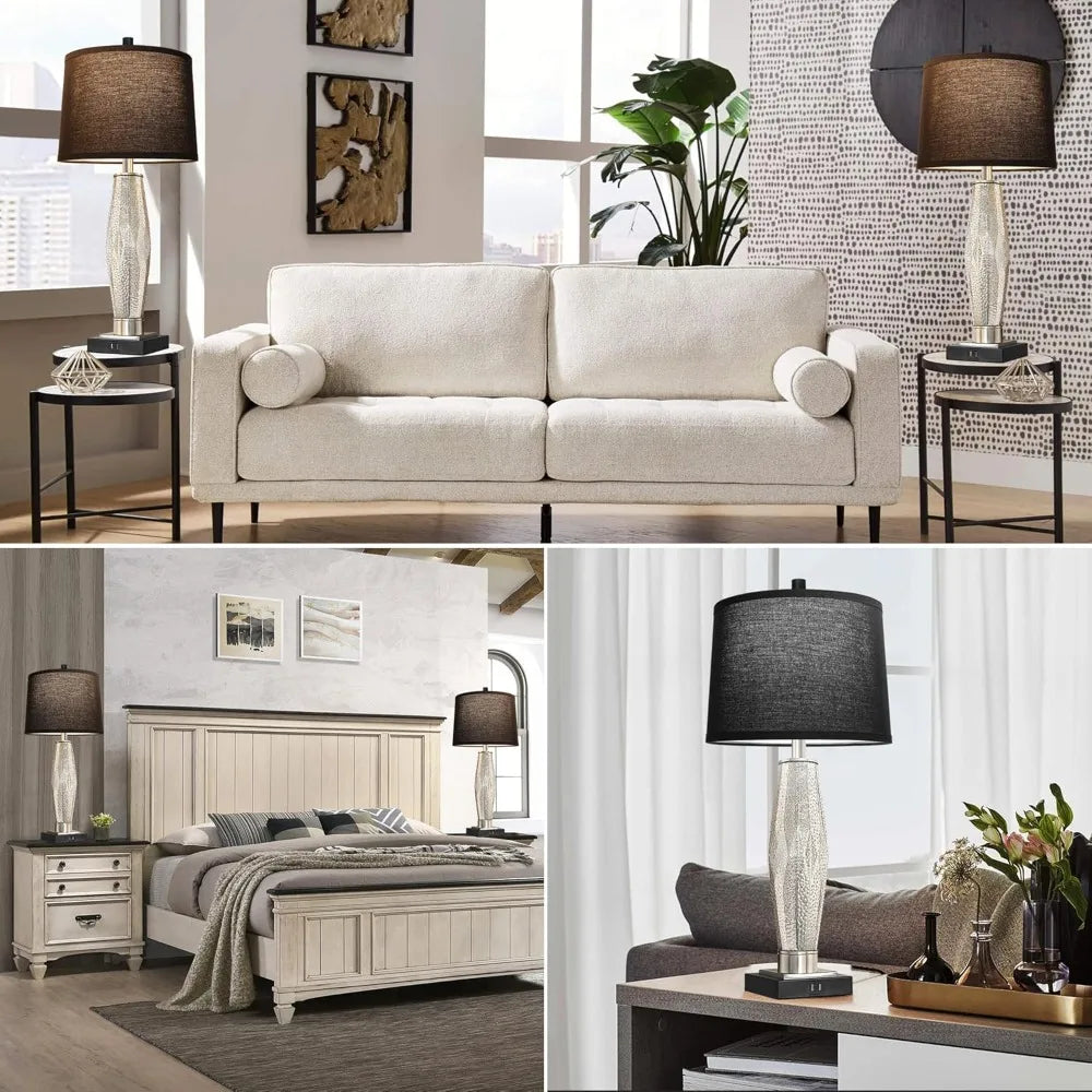 QiMH Table Lamps Set of 2, Bedroom Lamp with USB A+C Charging Ports, Modern Glass Beside Lamps for Living Room Rotary Switches,