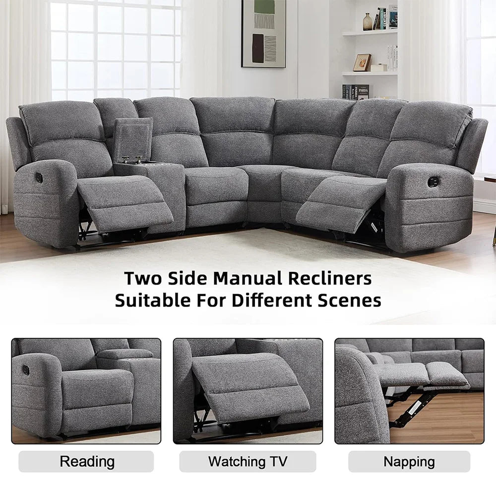 EBELLO Fabric L-Shaped Reclining Large Corner Sofa Sectional Sofa Couch for Living Room, with Padded Headrest, 2 Cup Holders