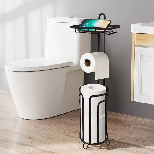 Toilet Paper Holder Stand Tissue Paper Roll Dispenser with Shelf for Bathroom Storage Holds Reserve -Black