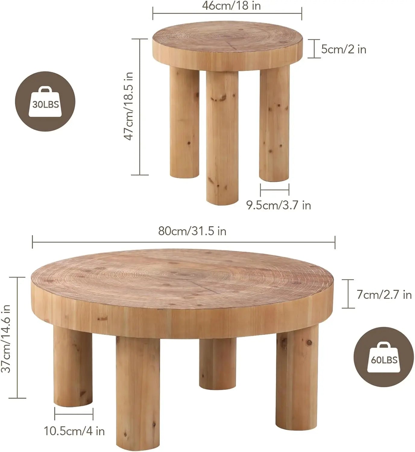 2-Piece Round Farmhouse Coffee Table, Rustic Coffee Table Sets, Circle Wooden Ring Finish with Solid Wood Legs,Center Tables Set
