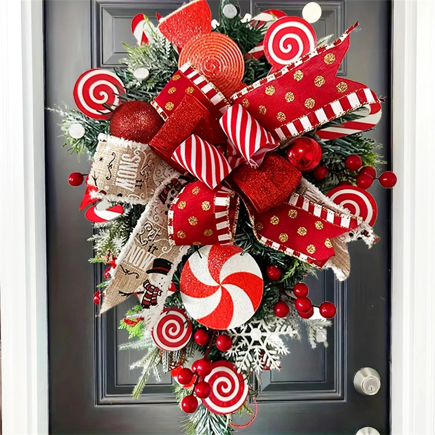 Christmas Door Wreath - Red And Candy Cane Teardrop Ornaments With Balls For Home Outdoor Decoration 3d Christmas Flower