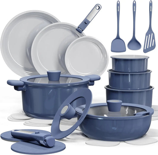 25pcs Ceramic Cookware Set Nonstick, Pots and Pans Set Non stick, Non Toxic Cookware, Dishwasher/Oven Safe, RV/Camping