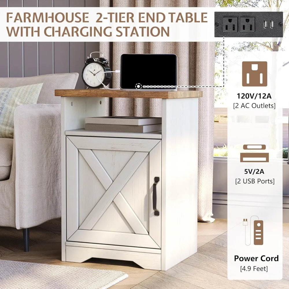 3-Piece Farmhouse Living Room Table Sets, Includes 1 x Coffee Table, 2 x End Tables with Charging Station & USB Ports