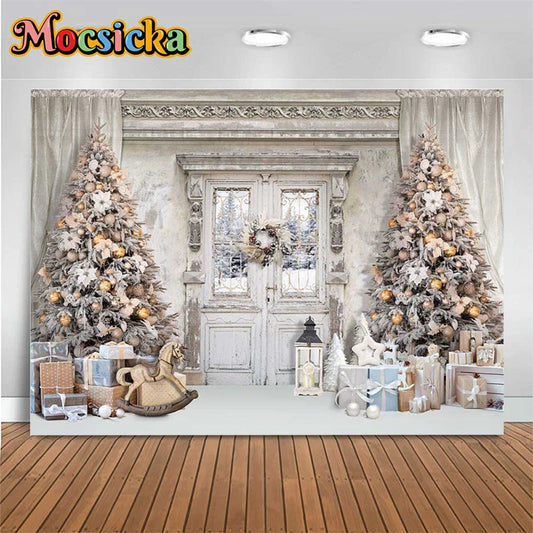 Merry Christmas Party Photo Background Vintage Wooden Door Fireplace Home Family Photography Backdrop Studio Xmas Tree Decor