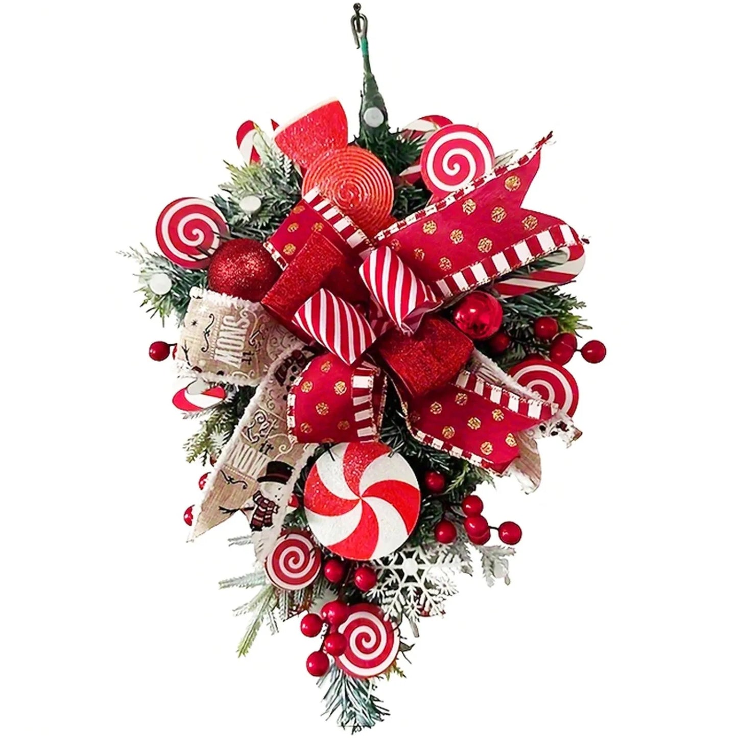 Christmas Door Wreath - Red And Candy Cane Teardrop Ornaments With Balls For Home Outdoor Decoration 3d Christmas Flower