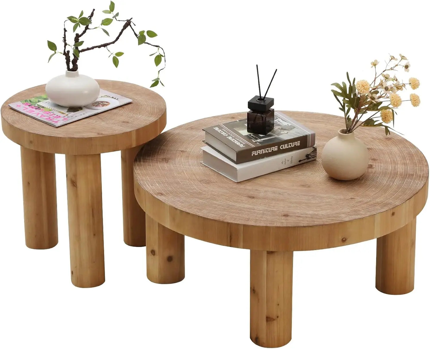 2-Piece Round Farmhouse Coffee Table, Rustic Coffee Table Sets, Circle Wooden Ring Finish with Solid Wood Legs,Center Tables Set