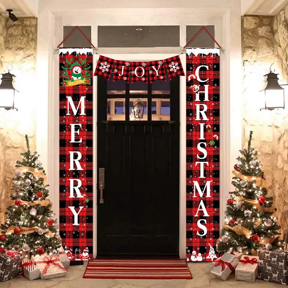 Christmas Decorations Outdoor Yard Front Porch Sign Set Red Black Buffalo Plaid Door Banner Hanging Merry Christmas Decorations
