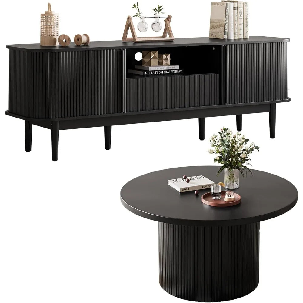 Living Room Table Sets of 2, Fluted Coffee Table & Dresser TV Stand, Coffee Table with Storage, Sliding Doors TV Stand for Bedro