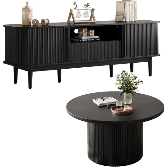 Living Room Table Sets of 2, Fluted Coffee Table & Dresser TV Stand, Coffee Table with Storage, Sliding Doors TV Stand for Bedro