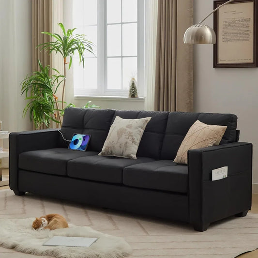 Sectional Sofa in Faux Leather for Living Room, 88" Comfortable Tufted Upholstery with USB and Type C Ports, Home 3 Seater