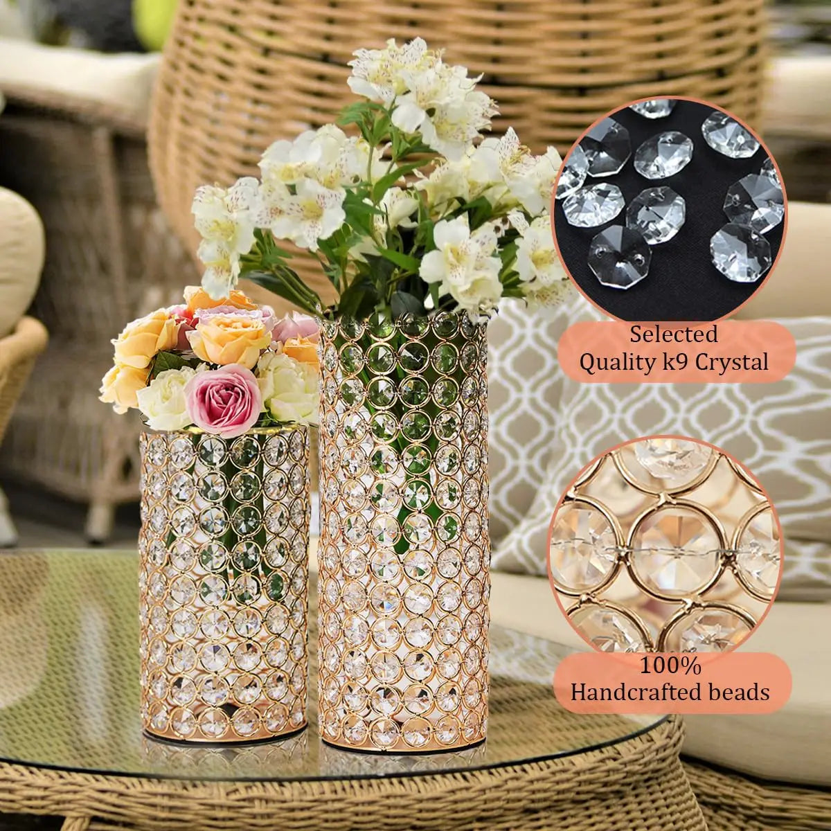 Gold Cylinder Crystal Candle Holders Hollow Flower Vase Centerpieces for Dinning Room Coffee Table Decoration Wedding