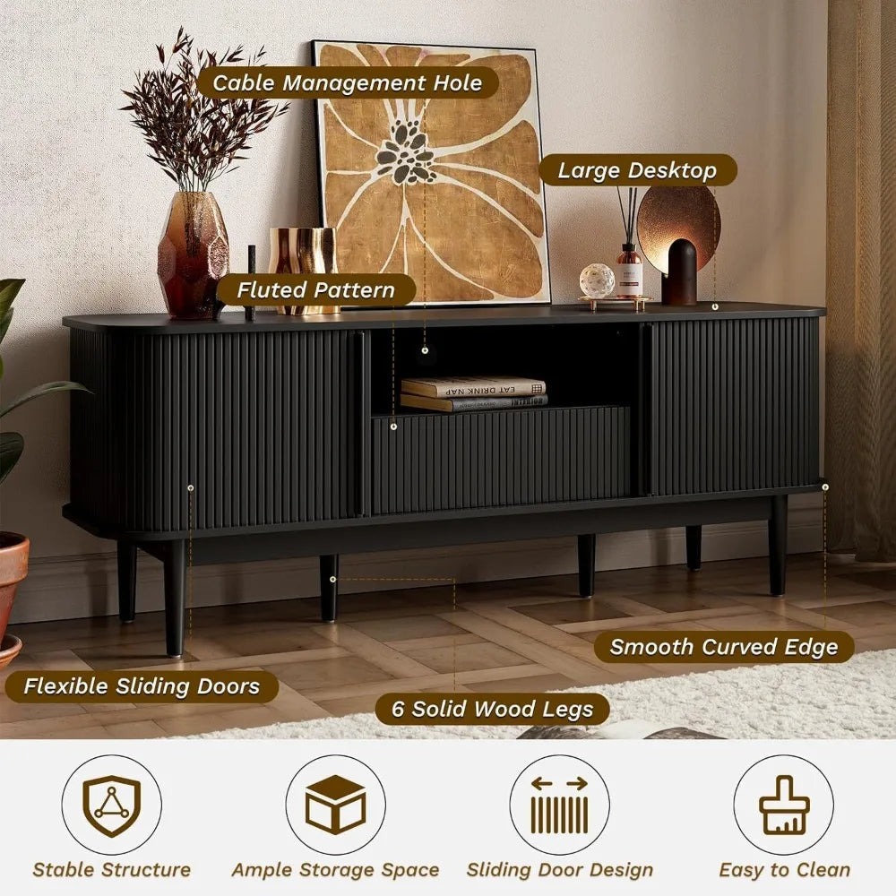 Living Room Table Sets of 2, Fluted Coffee Table & Dresser TV Stand, Coffee Table with Storage, Sliding Doors TV Stand for Bedro