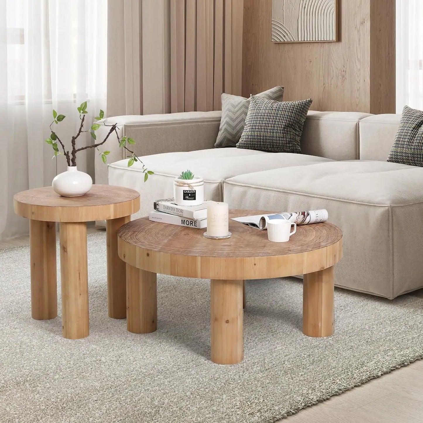 2-Piece Round Farmhouse Coffee Table, Rustic Coffee Table Sets, Circle Wooden Ring Finish with Solid Wood Legs,Center Tables Set